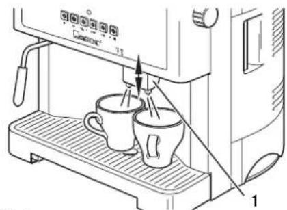 Diagram of a coffee machine with two cups, showing a coffee machine's side view and a tap labeled '1'
