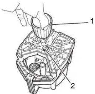 Technical diagram of a mechanical assembly with labeled parts 1 and 2