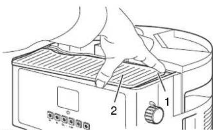 Diagram showing hands operating a kitchen appliance with labeled parts 1 and 2