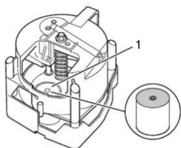Technical diagram of a mechanical device with labeled component '1' and an inset showing a cylindrical part.