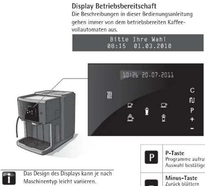Display Betriebsbereitschaft Die Beschreibungen in dieser Bedienungsanleitung gehen immer von dem betriebsbereiten Kaffee- vollautomaten aus. Bitte Ihre Wahl 08:15 01.03.2010 10:26 20.07.2011 Das Design des Displays kann je nach Maschinentyp leicht variieren. P-Taste Programme aufrut Auswahl bestätige Minus-Taste Zurück blättern