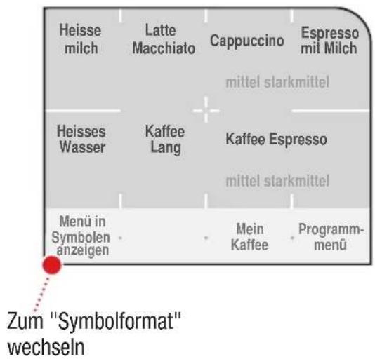 Heisse milch Latte Macchiato Cappuccino Espresso mit Milch mittel starkmittel Heisses Wasser Kaffee Lang Kaffee Espresso mittel starkmittel Menü in Symbolen anzeigen • • • • • Mein Kaffee Programm-menü Zum "Symbolformat" wechseln