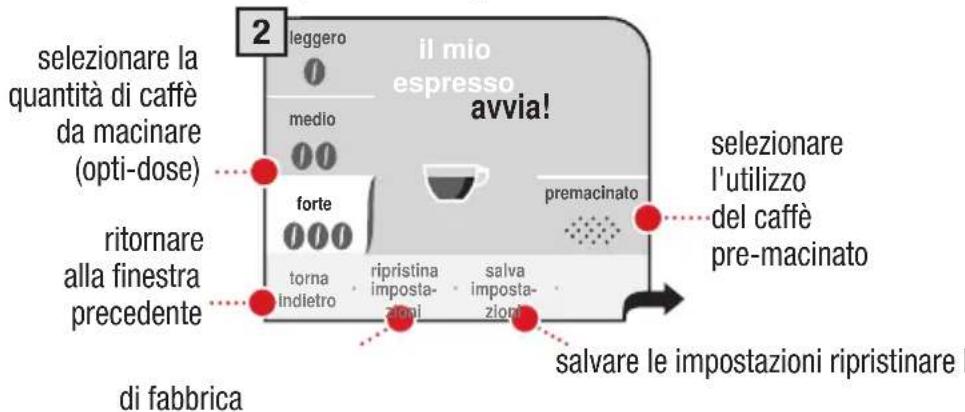 2 selezionare la quantità di caffè da macinare (opti-dose) ritornare alla finestra precedente di fabbrica leggero il mio espresso avvia! medio forte torna indietro ripristina imposta- azioni salva imposta- azioni premacinato selezionare l'utilizzo del caffè pre-macinato salvare le impostazioni ripristinare l