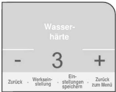 Wasser- härte - 3 + Zurück • Werksein- stellung • Ein- stellungen speichern • Zurück zum Menü
