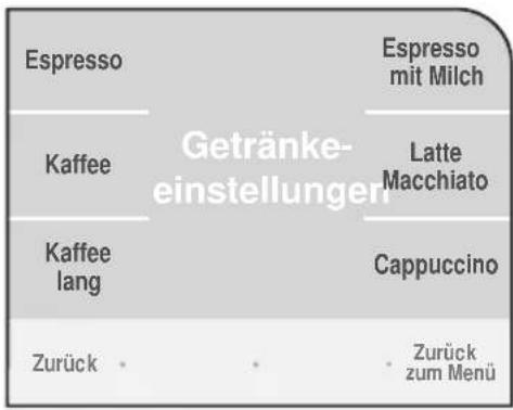 Espresso Kaffee Getränke- einstellungen Espresso mit Milch Latte Macchiato Kaffee lang Cappuccino Zurück Zurück zum Menü