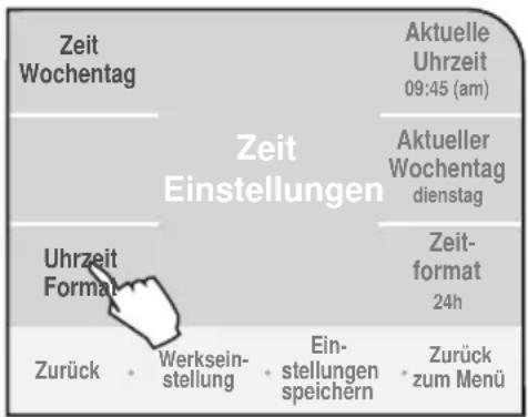 Zeit Wochentag Zeit Einstellungen Aktuelle Uhrzeit 09:45 (am) Aktueller Wochentag dienstag Uhrzeit Format Zeit- format 24h Zurück • Werksein- stellung • Ein- stellungen speichern • Zurück zum Menü