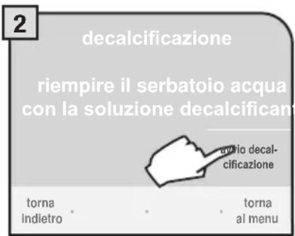 2 decalcificazione riempire il serbatoio acqua con la soluzione decalcificanti torna indietro diario decal- cificazione torna al menu