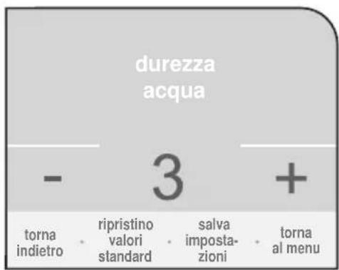 durezza acqua - 3 + torna indietro • ripristino valori standard • salva impostazioni • torna al menu