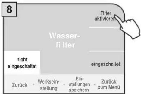 8 Wasserfi Iter Filter aktivieren nicht eingeschaltet eingeschaltet Zurück • Werkseinstellung • Einstellungen speichern • Zurück zum Menü
