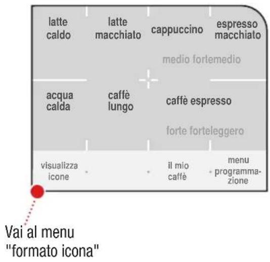 latte caldo latte macchiato cappuccino espresso macchiato medio fortemedio acqua calda caffè lungo caffè espresso forte forteleggero visualizza icone il mio caffè menu - programma-zione Vai al menu "formato icona"