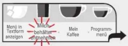 Menü in Textform anzeigen Milch behälter entnehmen Mein Kaffee Programm-menü
