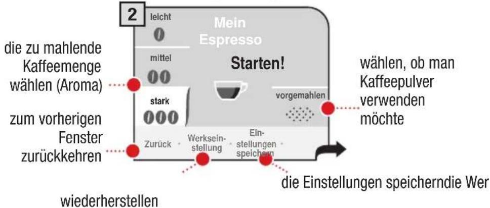 2 leicht Mein Espresso mittel Starten! wählen, ob man Kaffeepulver verwenden möchte die zu mahlende Kaffeemenge wählen (Aroma) zum vorherigen Fenster zurückkehren Zurück Werksein- stellung Ein- stellungen speichern diederherstellen die Einstellungen speicherndie Wer