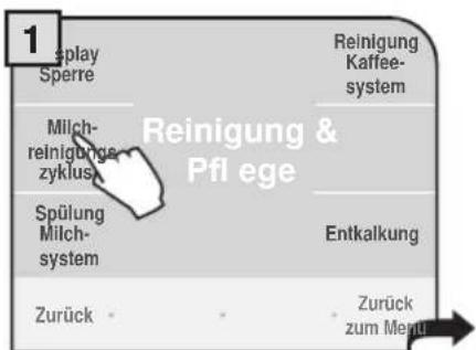 1 display Sperre Reinigung Kaffee- system Milch- reinigunge- zyklus Reinigung & Pfl ege Spülung Milch- system Entkalkung Zurück Zurück zum Mergu