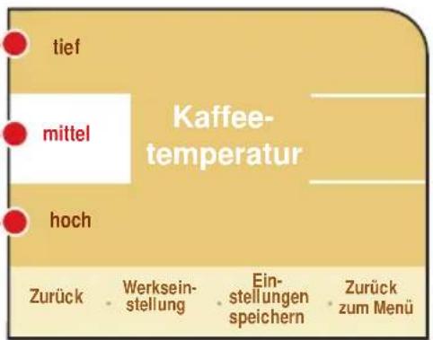 tief mittel Kaffee- temperatur hoch Zurück - Werksein- stellung - Ein- stellungen speichern - Zurück zum Menü