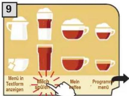 9 Menü in Textform anzeigen Milch spülen Mein koffee Programme menü