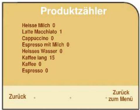 Produktzähler Heisse Milch 0 Latte Macchiato 1 Cappuccino 0 Espresso mit Milch 0 Heisses Wasser 0 Kaffee lang 15 Kaffee 0 Espresso 0 Zurück • • Zurück • zum Menü