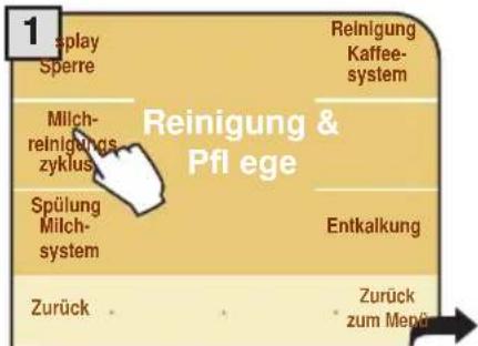 1 splay Sperre Reinigung Kaffee- system Milch- reinigungs zyklus Reinigung & Pfl ege Spülung Milch- system Entkalkung Zurück Zurück zum Menü