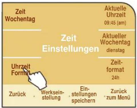 Zeit Wochentag Aktuelle Uhrzeit 09:45 (am) Zeit Einstellungen Aktueller Wochentag dienstag Uhrzeit Format Zeit- format 24h Zurück . Werksein- stellung . Ein- stellungen speichern . Zurück zum Menü