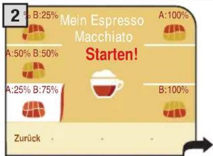 2 % B:25% Mein Espresso Macchiato Starten! A:100% A:50% B:50% A:25% B:75% B:100% Zurück