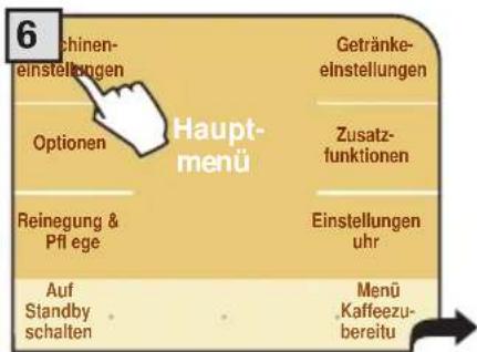 6 chinen- einstellungen Optionen Haupt- menü Getränke- einstellungen Zusatz- funktionen Reinegung & Pfl ege Einstellungen uhr Auf Standby schalten Menü Kaffeezu- bereitu
