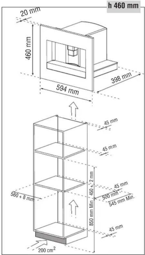 h 460 mm 20 mm 460 mm 594 mm 398 mm 45 mm 45 mm 45 mm 560 + 8 mm 450 + 2 mm 850 mm Min 500 mm 545 mm Min. 45 mm 200 cm²