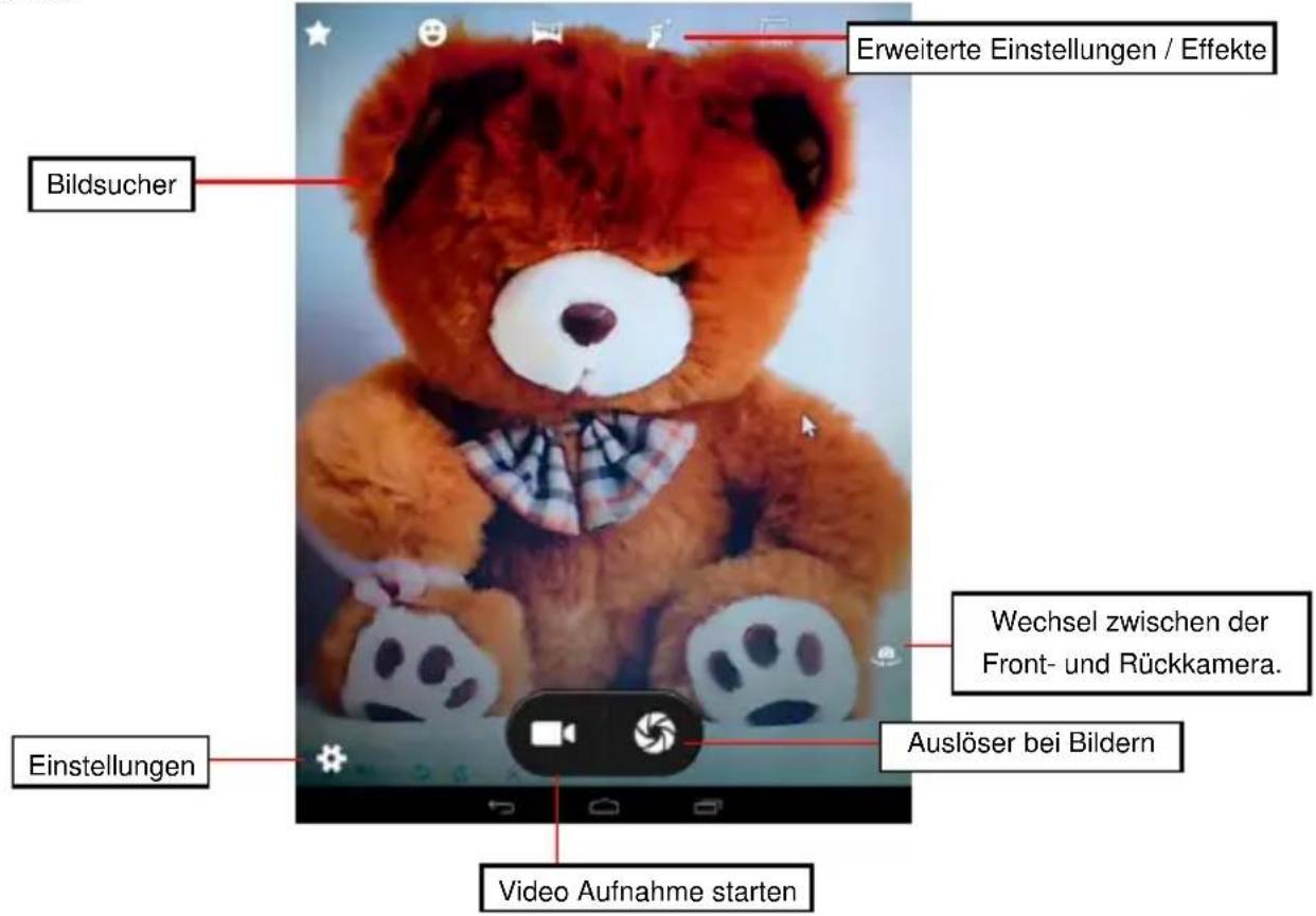 Erweiterte Einstellungen / Effekte Bildsucher Wechsel zwischen der Front- und Rückkamera. Einstellungen Auslöser bei Bildern Video Aufnahme starten