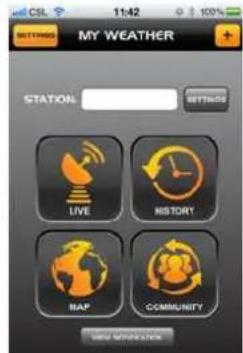 C6L 11:42 0 10% SETTINGS MY WEATHER STATION SETTINGS LIVE NISTORY BAP COMMUNITY NEW NUTIFICATION