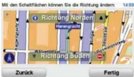 Mit den Schaltflächen können Sie die Richtung ändern: 14:59 Richtung Norden Herengracht Währungsströme Richtung Süden Zurück Fertig