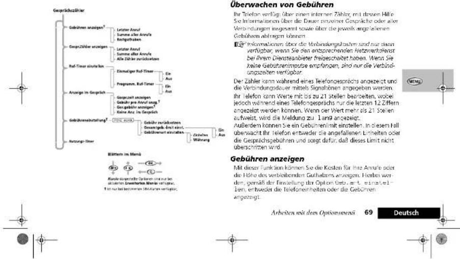 Gesprächskohrer Gehühren anzeigen† Letter Anuf Summe aller Anuf's Kertguthaben Gesprächskohrer anzeigen Letter Anuf Summe aller Anuf's Alle Einbar zustokassen Red-Tuner einstellen Einstativer Red-Tuner Preparation, Red-Tuner Anzeige in Gespräch Gespezial anzeigen Gebühr pro Anuf und Gesgebäte anzeigen† Keine Anf. in Gespräch Gehüberschutzung† DNS auch Gebühr zustokassen Gesamtgebäte mit einem Gehüberschutzung anzeigen Gebühr verbindeten Gesamtgebäte mit einem Gebühren anzeigen Gebühren anzeigen Überwachen von Gebühren Ihr Telefon verfügt über einen internen Zähler, mit diesen Hilfe Sie Informationen über die Dauer prausenter Gespräche oder als Verbindungen insgesamt sowie über die jeweils angefallenen Gehühren abrangen können. Informationen über die Verbindungskosten sind nur schon verfügbar, wenn Sie den entsprechenden Netzweckofenst bei Ihrem Dienstansbieter freigeschaltet haben. Wenn Sie Jeine Gebühreninquote empfängen, sind nur die Verbindungszeiten verfügbar. Der Zahler kann während eines Telesfongesprächs angezeigt und die Verbandungsduoer mittels Signiführen angegeben werden. Ihr Telefon kann Werte nicht bis zu 21 Stellen bearbeiten, wobei Jedoch während eines Telesfongesprächs nur die letzten 12 Ziffern angezeigt werden können. Wenn der Wert mehr als 21 Stellen aufweizt, wird die Meldung zu 1 Jahr angezeigt. Außerdem können Sie ein Gebührenmit einstellen. In diesem Fall überwacht ihr Telefon entweder die angefallenen Einheiten oder die Gesprächsgebühren und sorgt dafür, daß dieses Limit nicht überschritten wird. Gebühren anzeigen Mit dieser Funktion können Sie die Kosten für Ihre Annrle oder die Höhe des verbleibenden Gutlebars anzeigen. Hierbei wor- den, gemäß der Einstellung der Option Gebuert, einsteil- tert, entweder die Telefoneinheiten oder die Gebühren angezeigt. Arbeiten mit dem Optionsmeni 69 Deutsch