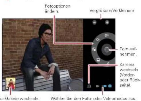 Fotooptionen ändern. Vergrößern/Verkleinern Foto auf- nehmen. Kamera wechseln (Vorder- oder Rück- seitel. Wählen Sie den Foto- oder Videomodus aus. ur Galerie wechseln.