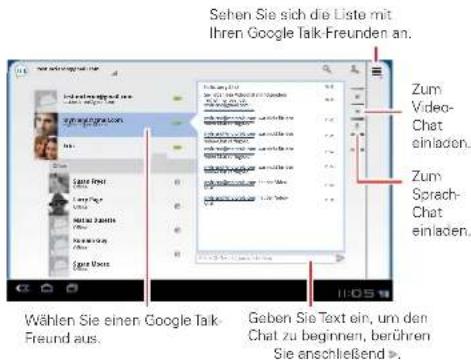 Sehen Sie sich die Liste mit Ihren Google Talk-Freunden an. Zum Video- Chat einladen. Zum Sprach- Chat einladen. Wählen Sie einen Google Talk- Freund aus. Geben Sie Text ein, um den Chat zu beginnen, berühren Sie anschließend.