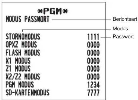 *PGM* MODUS PASSWORD StORNOMODUS 1111 OPXZ MODUS 0000 FLASH MODUS 0000 X1 MODUS 0000 Z1 MODUS 0000 X2/Z2 MODUS 0000 PGM MODUS 1234 SD-KARTENMODUS 7777 Berichtsart Modus Password