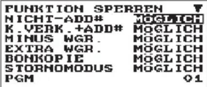 FUNKTION SPERREN NICHT-ADD# K.VERK.+ADD# MINUS WGR. EXTRA WGR. BONKOPIE STORMHOMODUS PGM MOGLICH MOGLICH MOGLICH MOGLICH 01