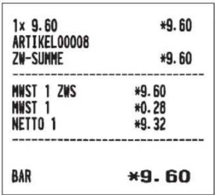 1× 9.60 *9.60 ARTIKELO00008 ZW-SUMME *9.60 MWST 1 ZWS *9.60 MWST 1 *0.28 NETTO 1 *9.32 BAR *9.60