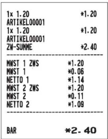 1x 1.20 *1.20 ARTIKEL00001 1x 1.20 *1.20 ARTIKEL00001 ZW-SUMME *2.40 MWST 1 ZWS *1.20 MWST 1 *0.06 NETTO 1 *1.14 MWST 2 ZWS *1.20 MWST 2 *0.11 NETTO 2 *1.09 BAR *2.40