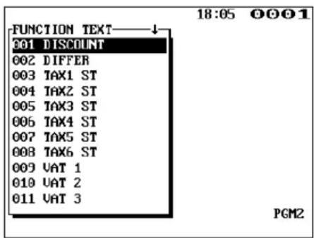FUNCTION TEXT 001 DISCOUNT 002 DIFFER 003 TAX1 ST 004 TAX2 ST 005 TAX3 ST 006 TAX4 ST 007 TAX5 ST 008 TAX6 ST 009 VAT 1 010 VAT 2 011 VAT 3 18:05 0001 PGM2