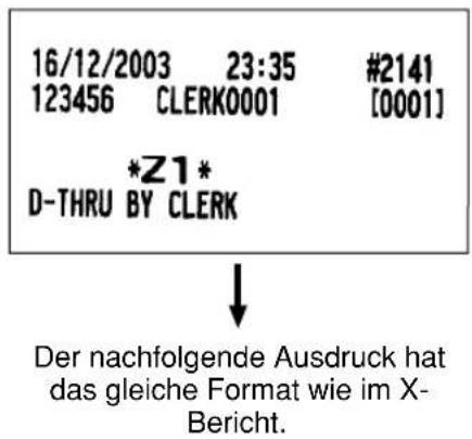 16/12/2003 23:35 #2141 123456 CLERK0001 [0001] *Z1* D-THRU BY CLERK ↓ Der nachfolgende Ausdruck hat das gleiche Format wie im X- Bericht.