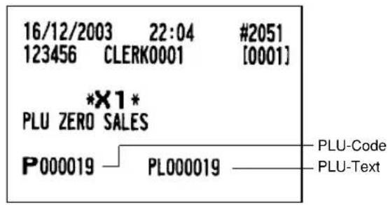 16/12/2003 22:04 #2051 123456 CLERK0001 [0001] *X1* PLU ZERO SALES P000019 PL000019 PLU-Code PLU-Text