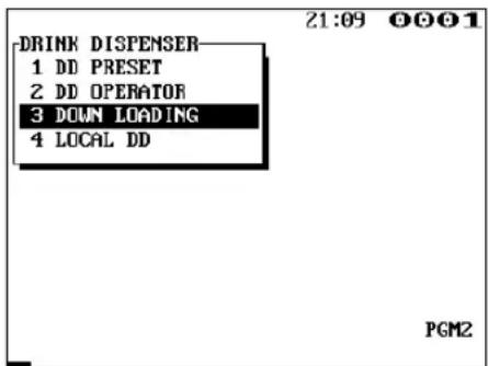 DRINK DISPENSER 1 DD PRESET 2 DD OPERATOR 3 DOWN LOADING 4 LOCAL DD PGM2 21:09 0001