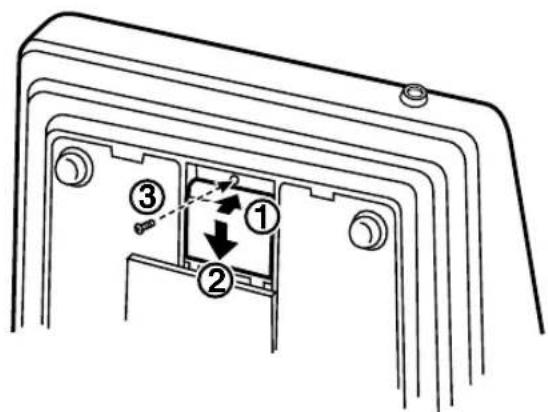 Diagram of a device panel with numbered components and directional arrows indicating movement or assembly.