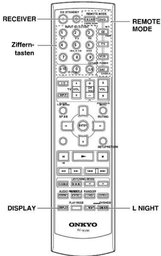 RECEIVER Ziffern- tasten ONKYO DC-90XM ON STANDBY REMOTE MODE 1 2 3 V1 V2 V3 CO COMP TV VCH COTAGE TURNER SAT CABLE 10 0 ID TIME TV VOL CH VOL RPT T:2 W:5Hz SP AB MUTING ENTER SETUPRETURN LISTENING MODE SUBO AUDIO RESETLE RANDOM TYPE COPY ENTER TINOS PLAY MODE DVHDOD DISPLAY LOWER SEACH L NIGHT