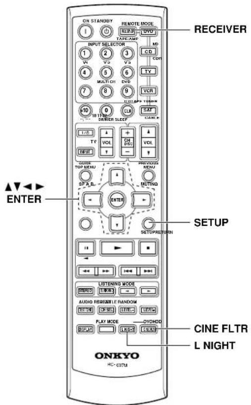 ON STANDY REMOTE MODE ELB3 DVD TAPC.AMP MO INPUT SELECTOR CD COM 1 2 3 V1 V2 V3 4 5 6 MULTI CH DVD 7 8 9 VCR LISTLE TOWN 10 0 CLR SAT DINJER SLEEP CARD TV VOL CH DPG INPUT PREVIOUS MENU GUIDE TOP MENU SP A B MUTTING ENTER SETUPRETURN CINE FLTR L NIGHT ONKYO RC-037M