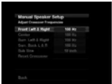 Manual Speaker Setup Adjust Crossover Frequencies Front Left & Right 100 Hz Gender 100 Hz Burn Left & Right 700 Hz Swiss, Back L & R 160 Hz Sub Sine 5F/week Reset Crossover Back