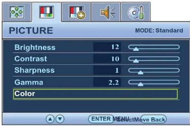 PICTURE MODE: Standard Brightness 12 Contrast 10 Sharpness 1 Gamma 2.2 Color ENTER MENU SelectMove Back