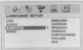 SPRACHEINSTELLUNG OSD AUDIO UNTERITEL MENÜ ENGLISCH DEUTSCH SPANISCH FRANZÖSISCH PORTUGIESISCH ITALIENISCH AUS