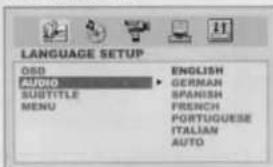 SPRACHEINSTELLUNG OSD AUDIO UNTERITEL MENÜ ENGLISCH DEUTSCH SPANISCH FRANZÖSISCH PORTUGIESISCH ITALIENISCH AUTO
