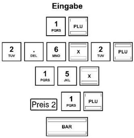 Eingabe 1 PQRS PLU 2 TUV DEL 6 MNO X 2 TUV PLU 1 PQRS 5 JKL X Preis 2 1 PQRS PLU BAR