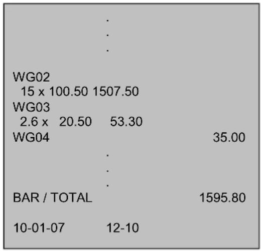 WG02 15 x 100.50 1507.50 WG03 2.6 x 20.50 53.30 WG04 35.00 BAR / TOTAL 1595.80 10-01-07 12-10