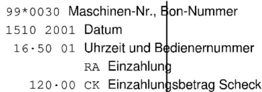 99*0030 Maschinen-Nr., Bon-Nummer 1510 2001 Datum 16·50 01 Uhrzeit und Bedienernummer RA Einzahlung 120·00 CK Einzahlungsbetrag Scheck