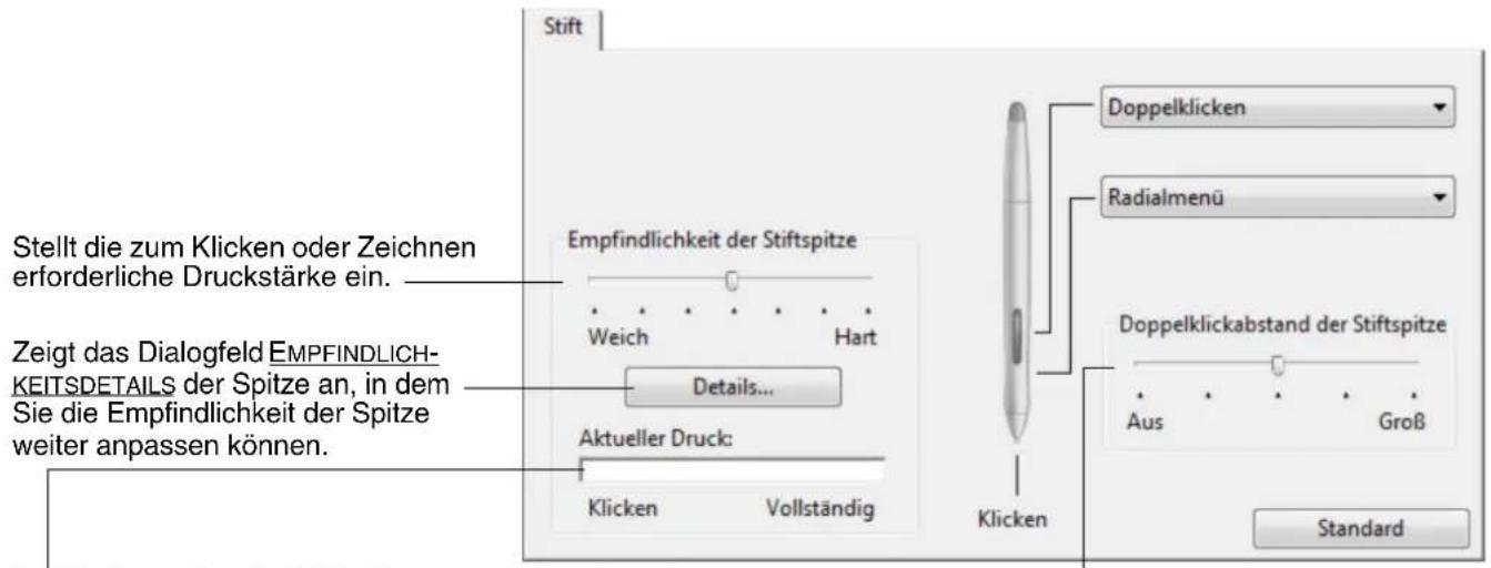 Stift Stellt die zum Klicken oder Zeichnen erforderliche Druckstärke ein. Zeigt das Dialogfeld EMPFINDLICHKEITSDETAILS der Spitze an, in dem Sie die Empfindlichkeit der Spitze weiter anpassen können. Empfindlichkeit der Stiftspitze Weich Hart Details... Aktueller Druck: Klicken Vollständig Doppelklicken Radialmenü Doppelklickabstand der Stiftspitze Aus Groß Standard